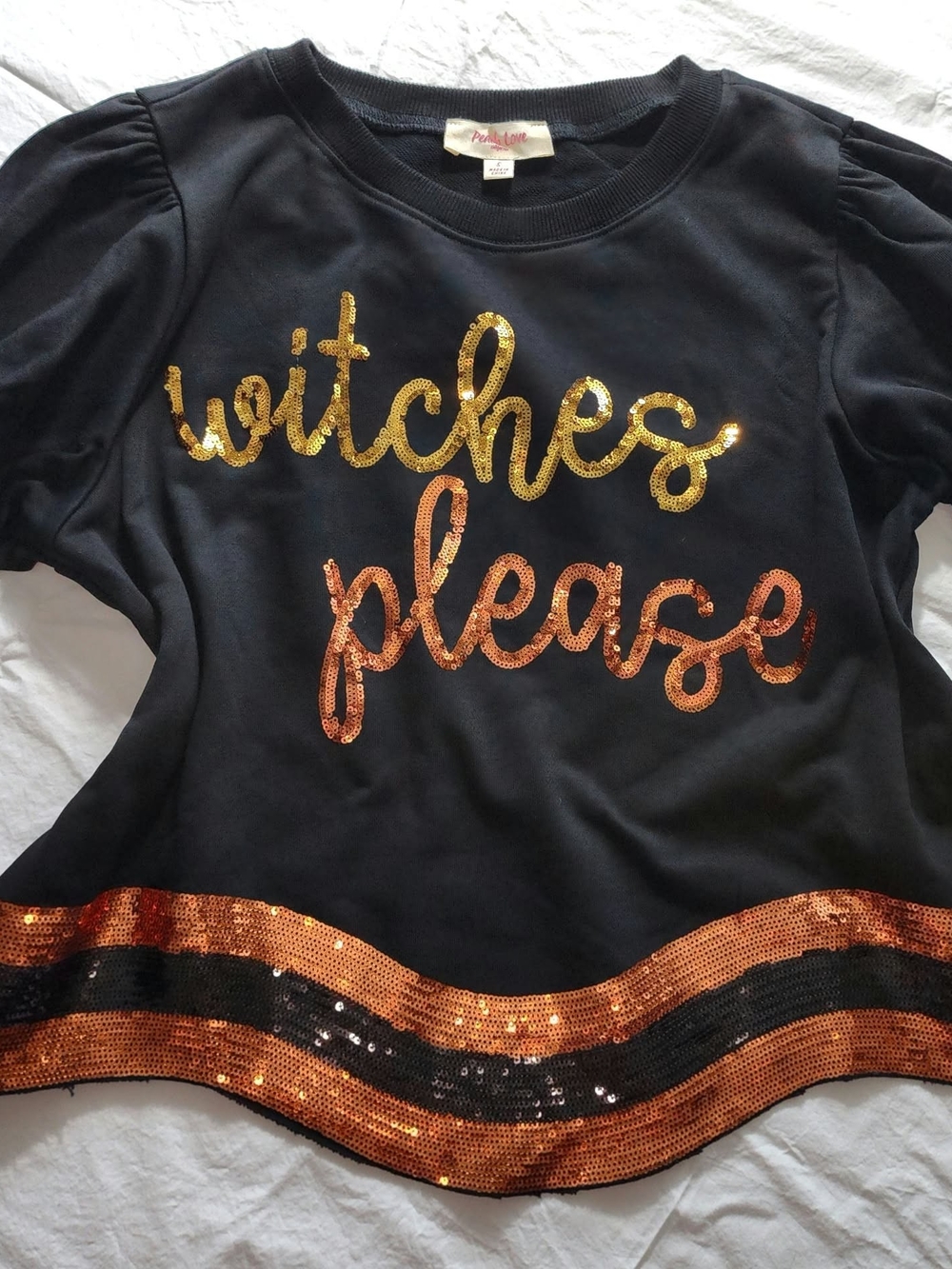 Peach Love Black Slort Sleeve Sequin "Witches Please" Small Halloween Tee 🎃🎃🎃